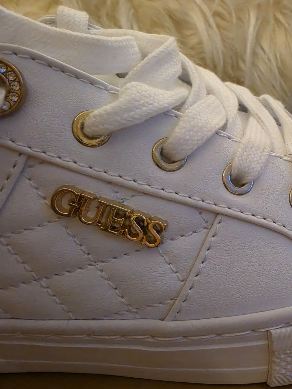 GUESS White Quilted Lace-Up Sneakers with Gold Accents - Picture 2 of 8